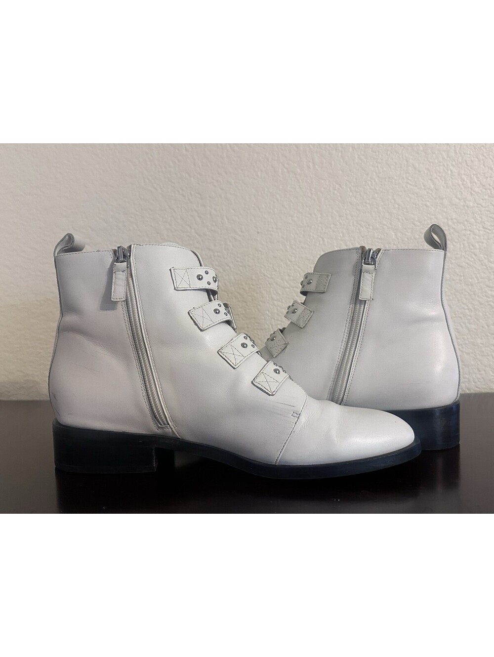 Halogen Studded Buckle Strap Ankle Boots White Leather Zip Block Heel Size 10 - Picture 5 of 9